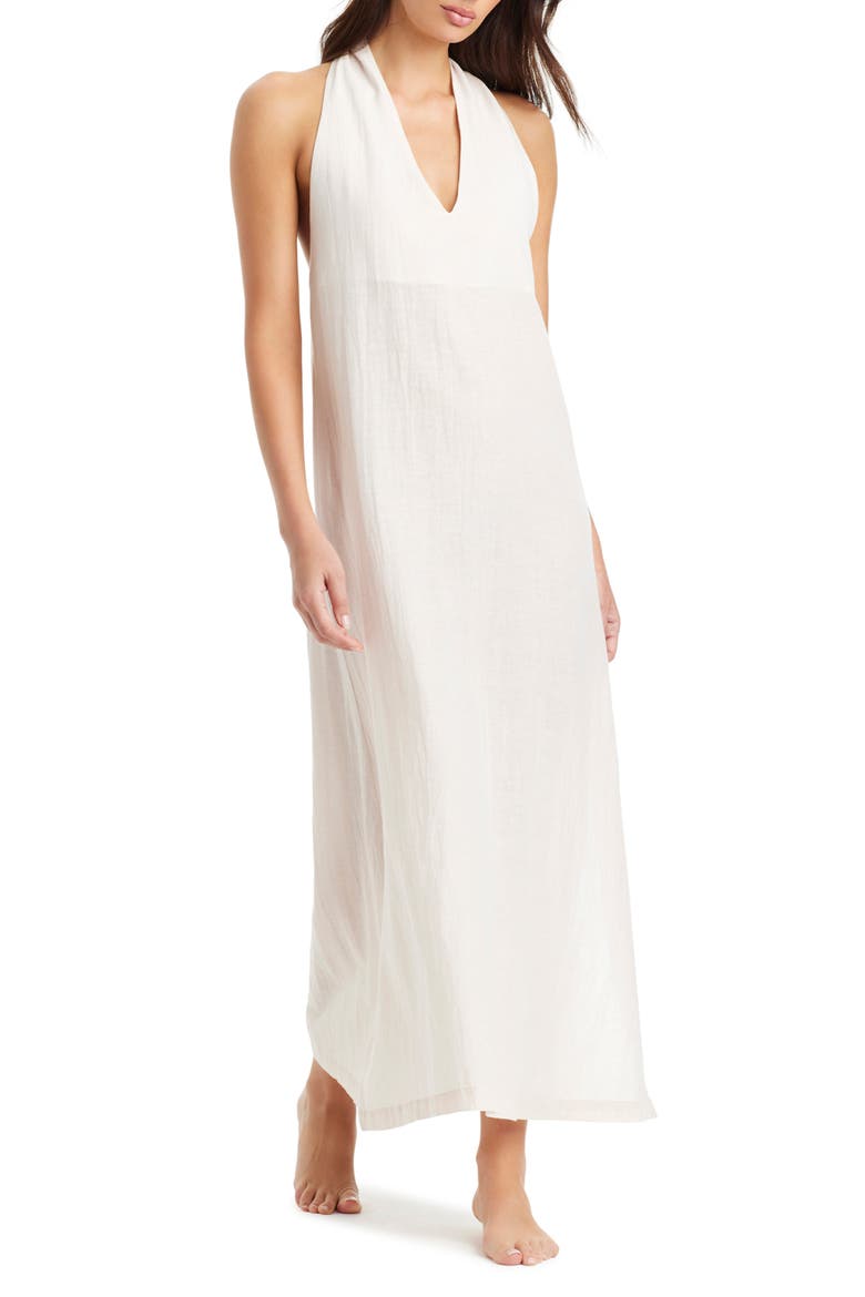 Twist Neck Cotton & Linen Cover-Up Dress, Main, color, WHITE SAND