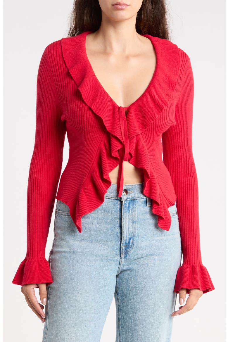 Ruffled Collar Bell Sleeve Sweater, Main, color, TANGO RED