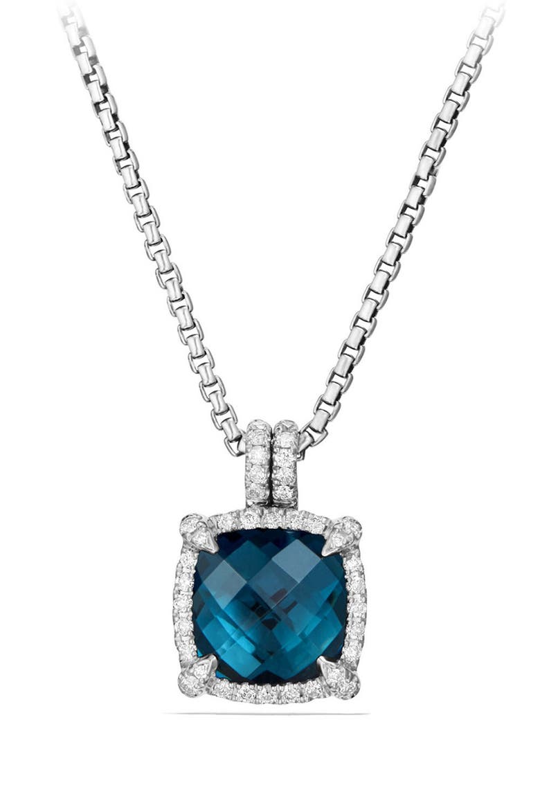 Châtelaine Small Pavé Bezel Pendant Necklace with Diamonds, Main, color, BLUE TOPAZ