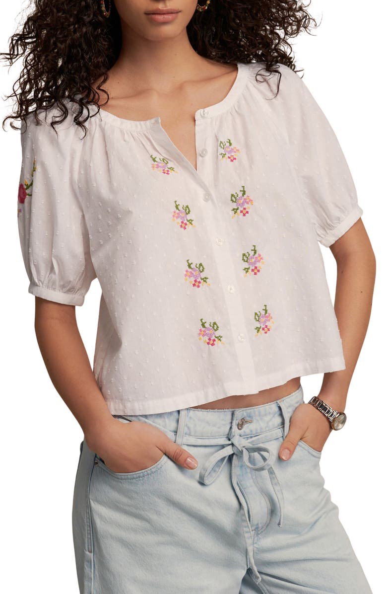 NEXT Embroidered Puff Sleeve Cotton Top, Main, color, White