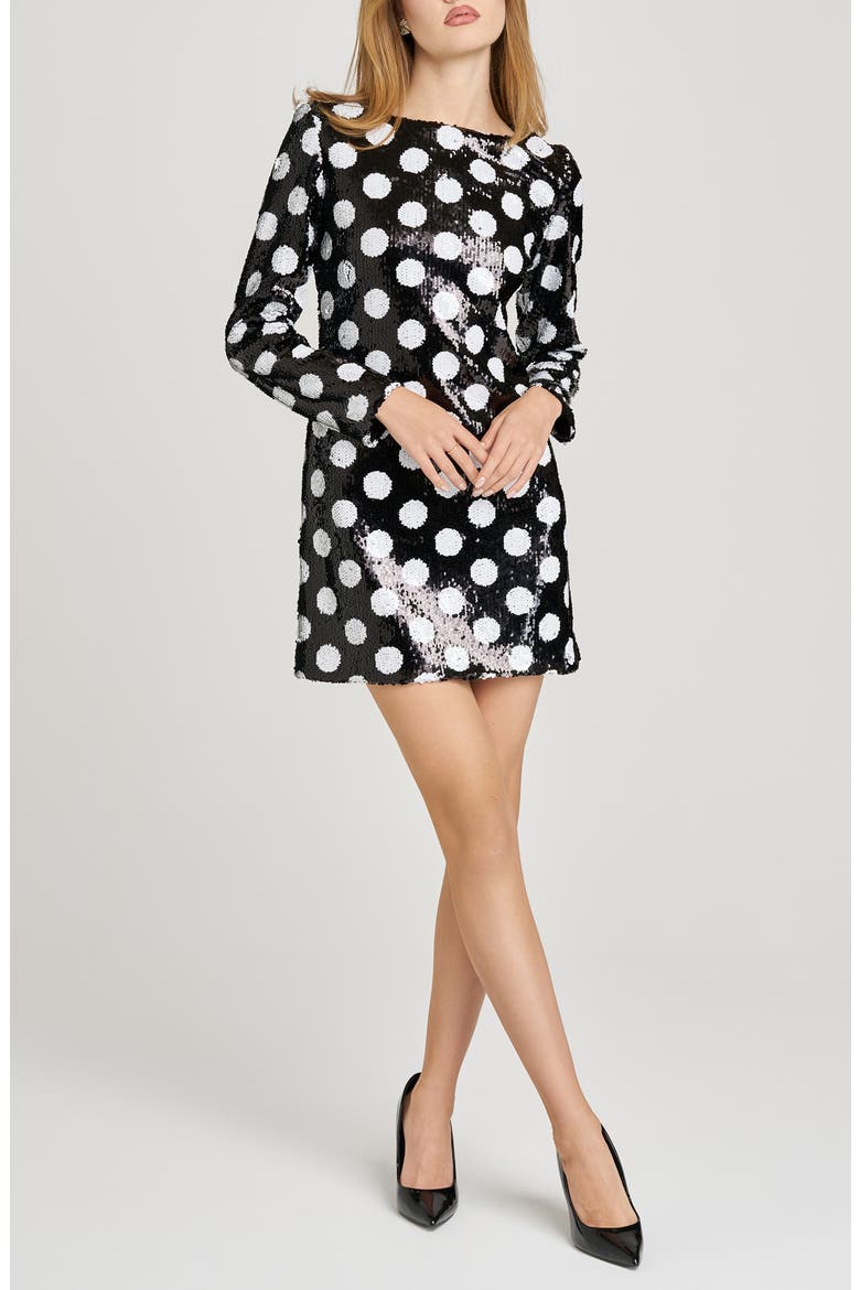 Betty Polka Dot Long Sleeve Sequin Minidress, Alternate, color, BLACK POLKA DOT