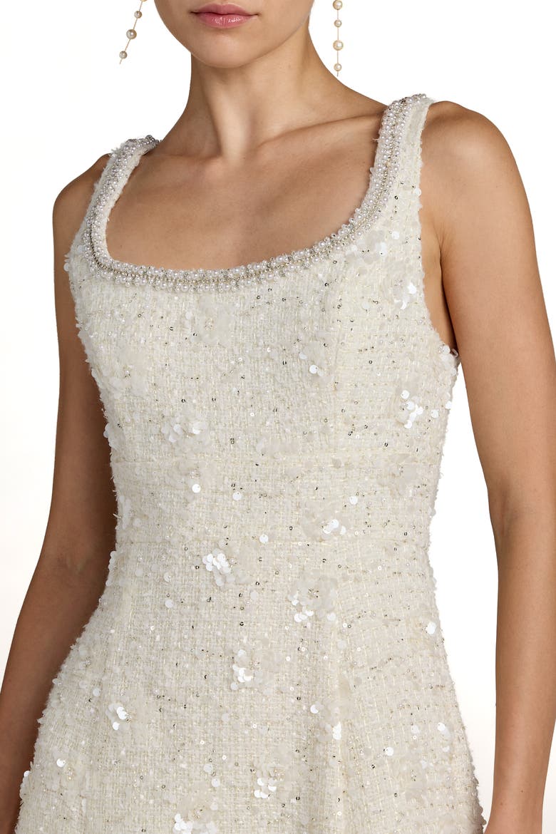 Boucle Embellished Square Neck A Line Midi Dress, Alternate, color, Ivory