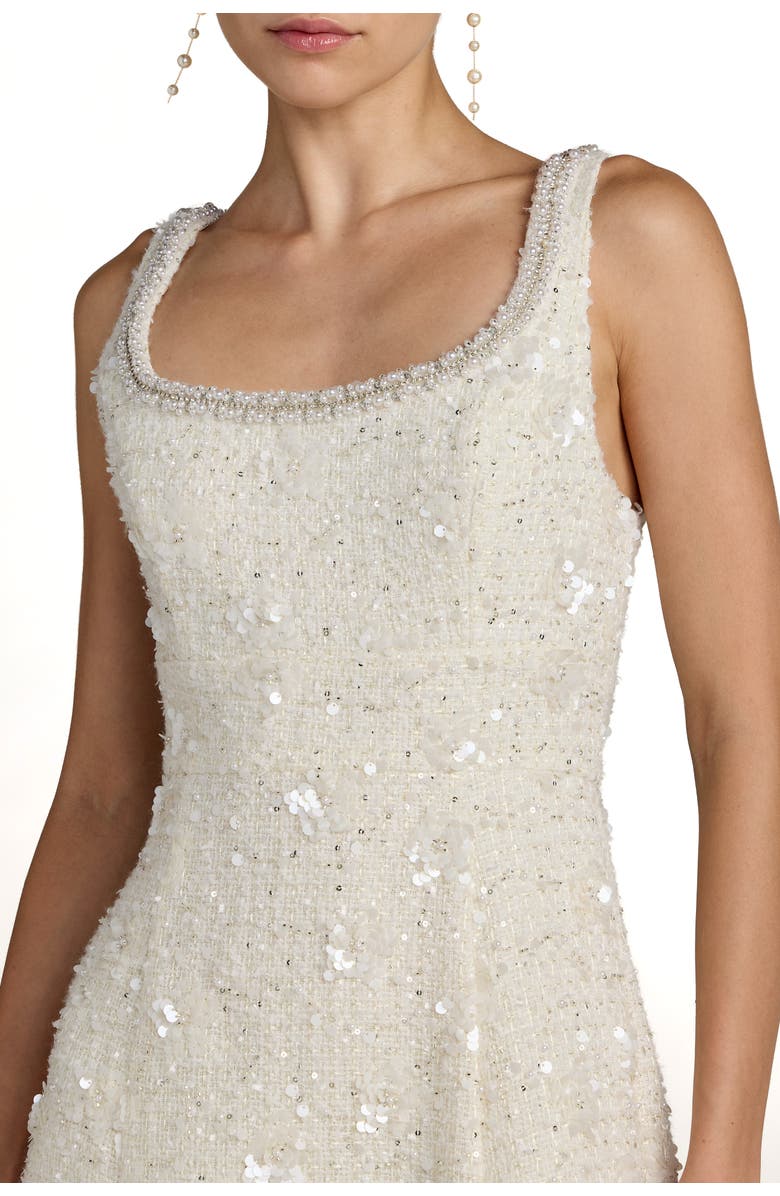 Mac Duggal Boucle Embellished Square Neck A Line Midi Dress, Alternate, color, Ivory