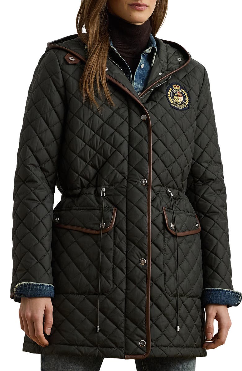Lauren Ralph Lauren Logo Patch Quilted Coat, Main, color, Litchfield