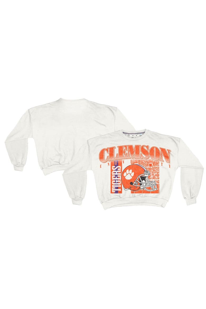 Women's Pressbox White Clemson Tigers Oversized Janice Retro Waist-Length Sweatshirt, Alternate, color, White