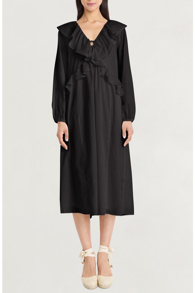 Ruffle Long Sleeve Midi Dress, Main, color, BLACK