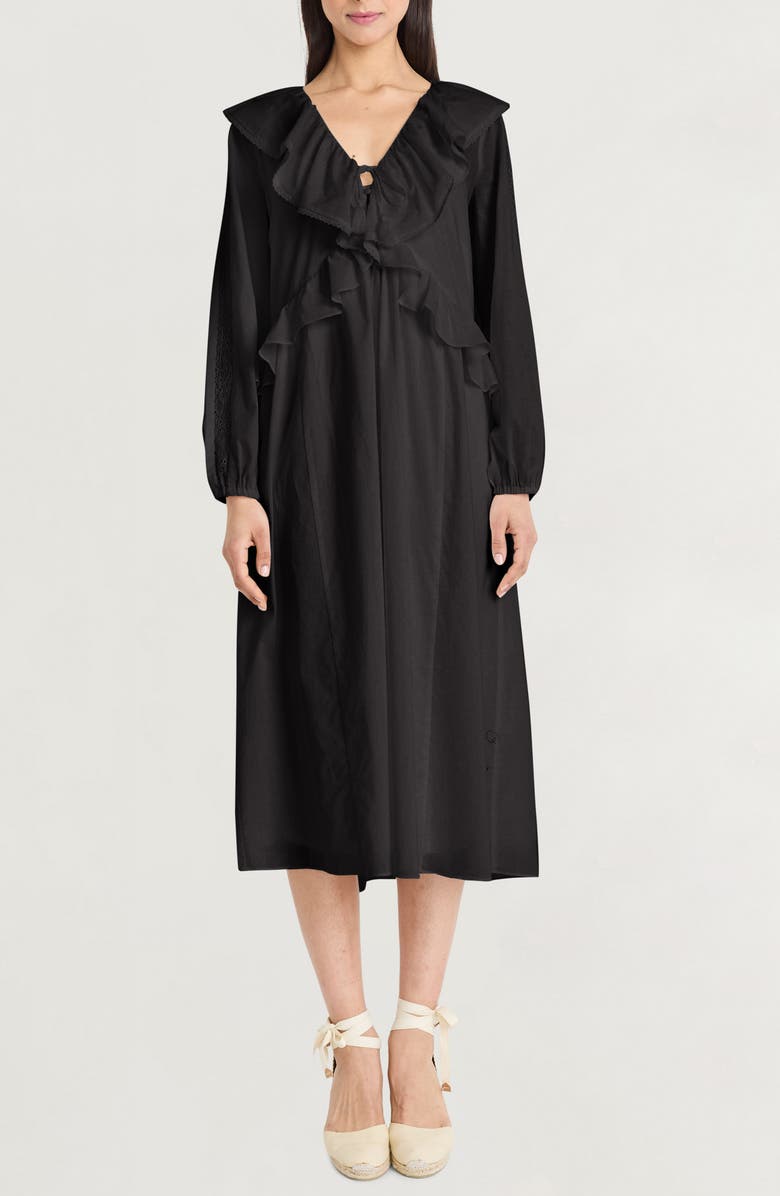 The Good Journey Ruffle Long Sleeve Midi Dress, Main, color, Black