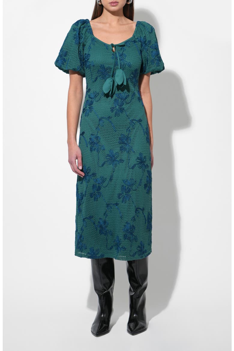 Anora Floral Embroidered Puff Sleeve Knit Midi Dress, Alternate, color, EMERALD GREEN
