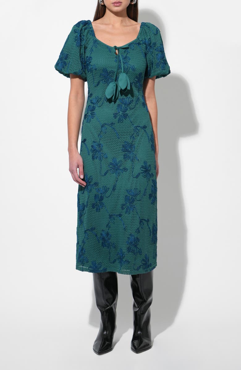 Adelyn Rae Anora Floral Embroidered Puff Sleeve Knit Midi Dress, Alternate, color, Emerald Green