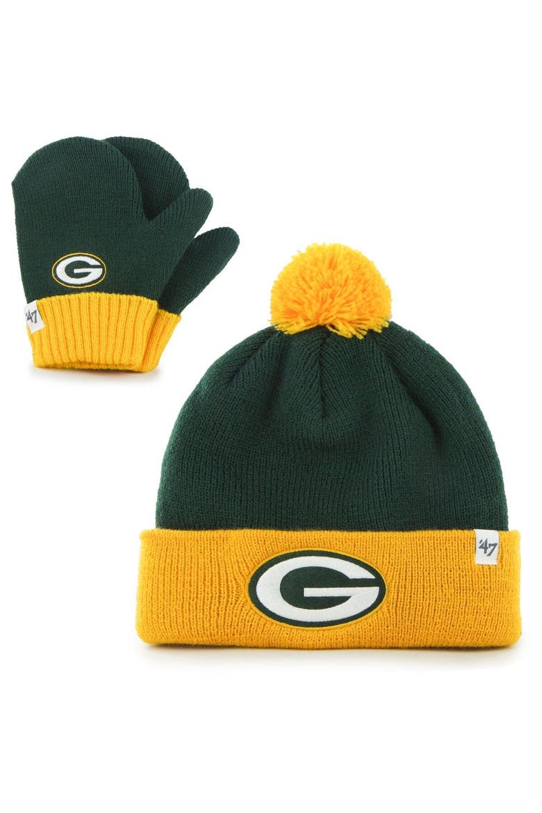 Infant '47 Green/Gold Green Bay Packers Bam Bam Cuffed Knit Hat With Pom and Mittens Set, Main, color, Green