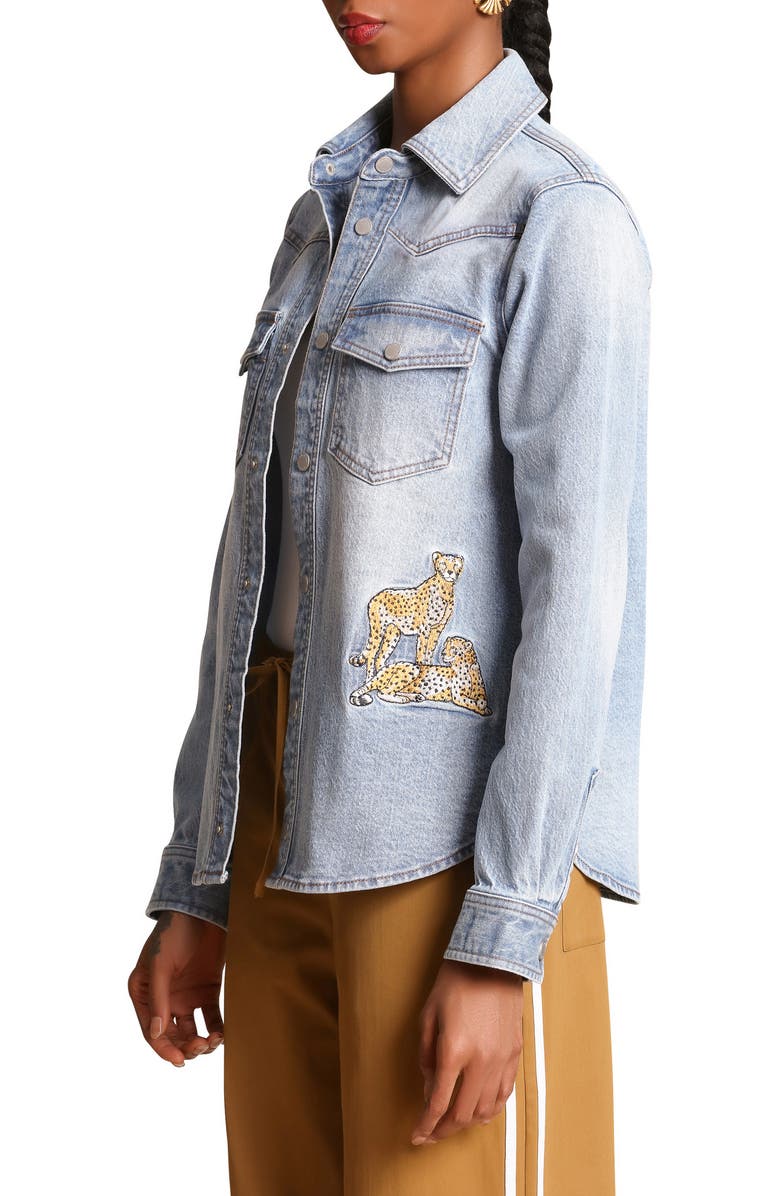 Avec Les Filles Cheetah Embroidered Stretch Denim Shirt Jacket, Alternate, color, Light Blue Wash