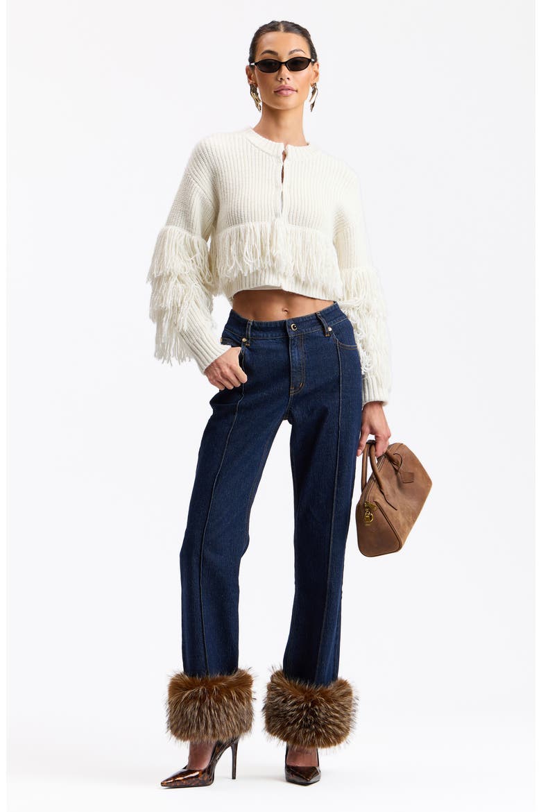 Faux Fur Trim High Waist Flare Jeans, Alternate, color, BIANCA RINSE