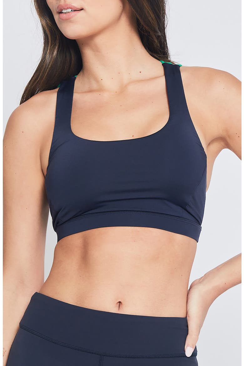 SPORTS BRA, Main, color, NAVY W/ GREEN TRIM