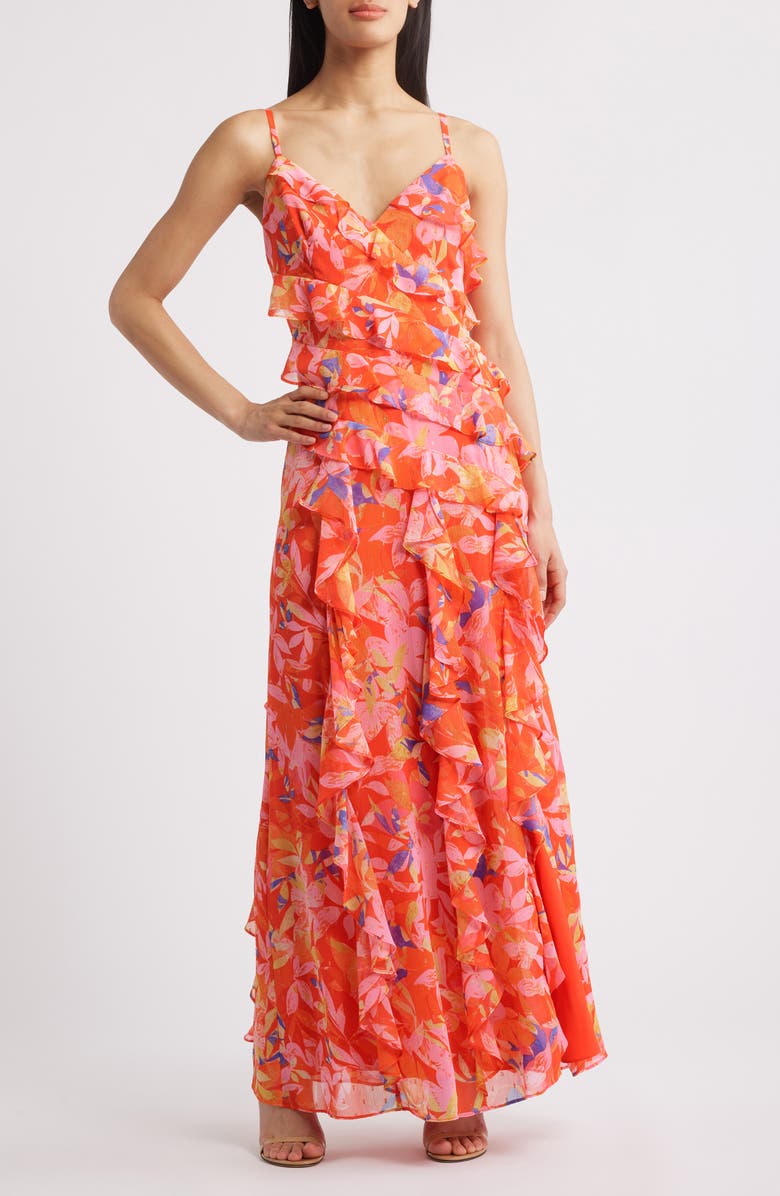 Eliza J Floral Ruffle Fil Coupé Maxi Dress, Main, color, Rdm