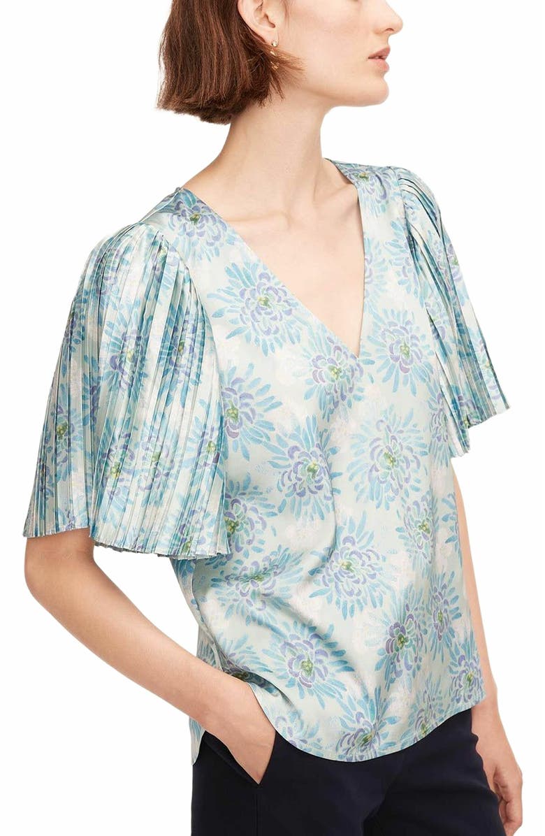 Rebecca Taylor Astera Fleur Pleated Sleeve Blouse, Alternate, color, Fleur Turquoise Combo