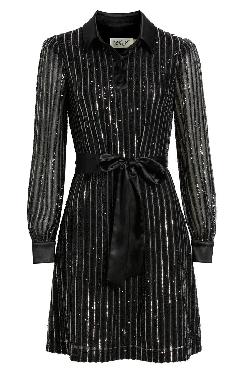 Eliza J Sequin Stripe Long Sleeve Belted Shirtdress, Alternate, color, Black Silver