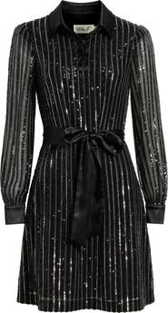 Eliza J Sequin Stripe Long Sleeve Belted Shirtdress