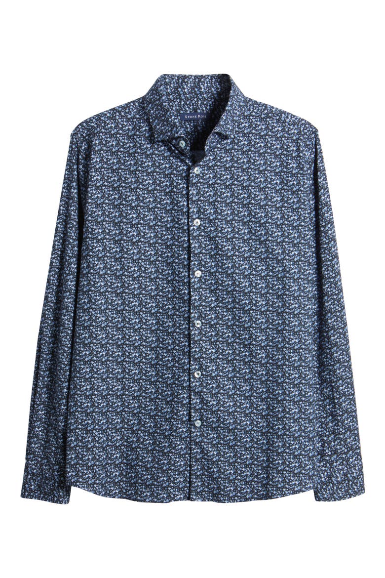 Watercolor Ditsy Floral Print Button-Up Shirt, Alternate, color, BLUE SHADOW