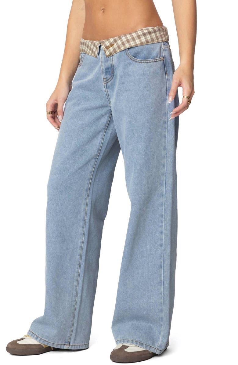 EDIKTED Peekaboo Plaid Low Rise Wide Leg Jeans, Alternate, color, Light-Blue