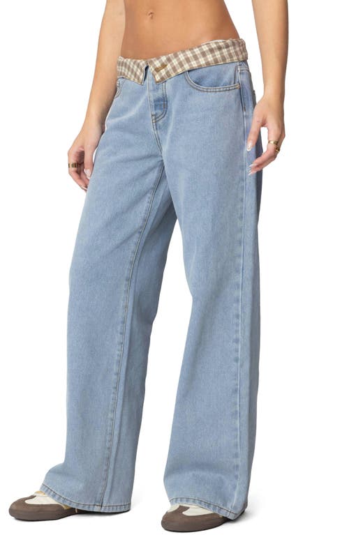 Edikted Peekaboo Plaid Low Rise Wide Leg Jeans In Light-blue