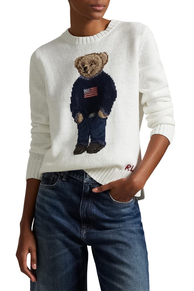 Polo Bear Embroidered Linen & Cotton Crewneck Sweater, Main, color, DECKWASH WHITE MULTI