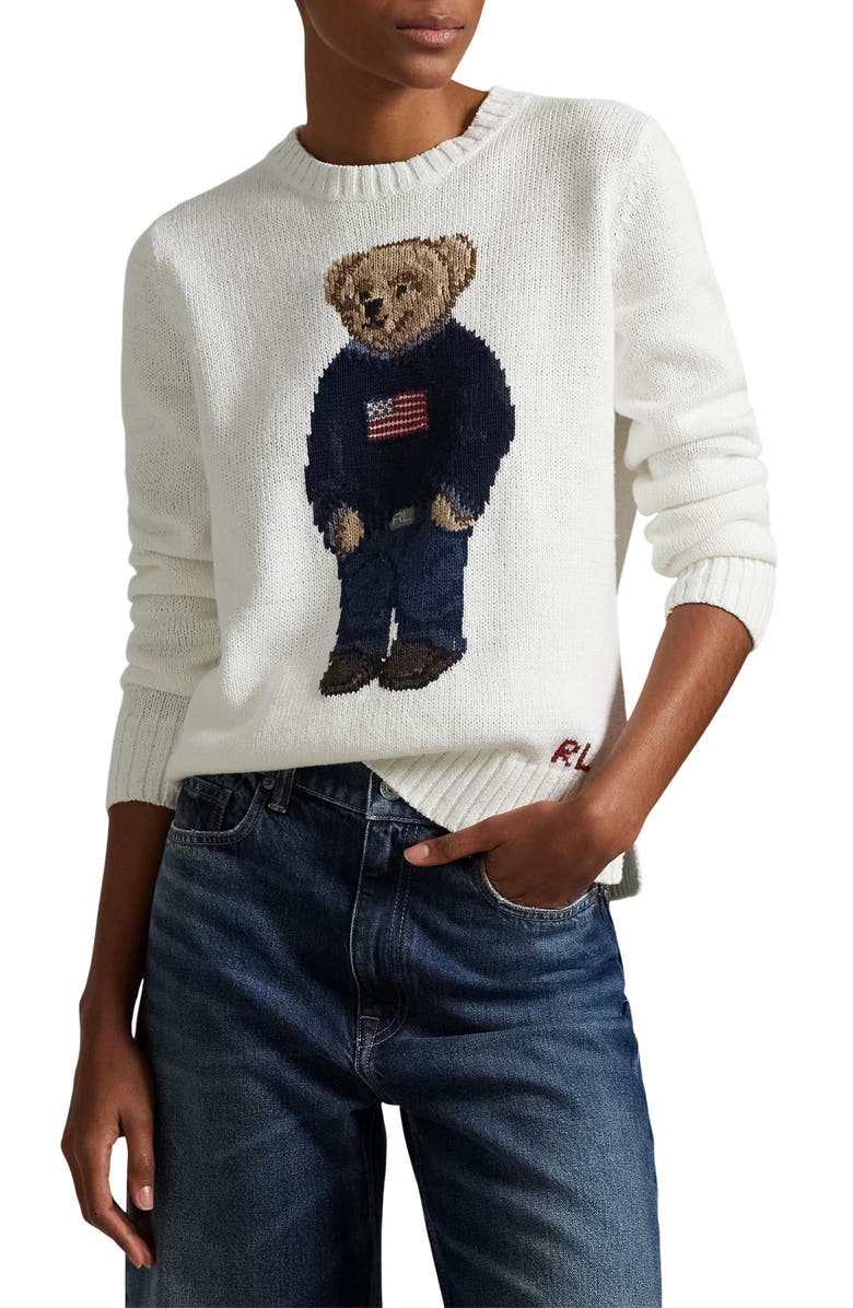 Polo Ralph Lauren Polo Bear Embroidered Linen & Cotton Crewneck Sweater, Main, color, Deckwash White Multi