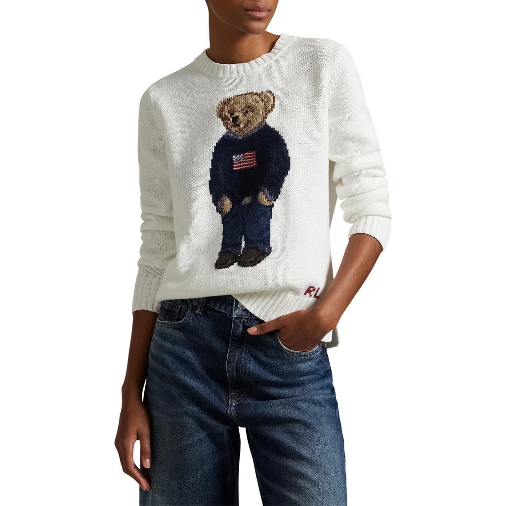 Polo Ralph Lauren Womens Deckwash White Multi Polo Bear Round-neck Linen-cotton Knitted Jumper In White