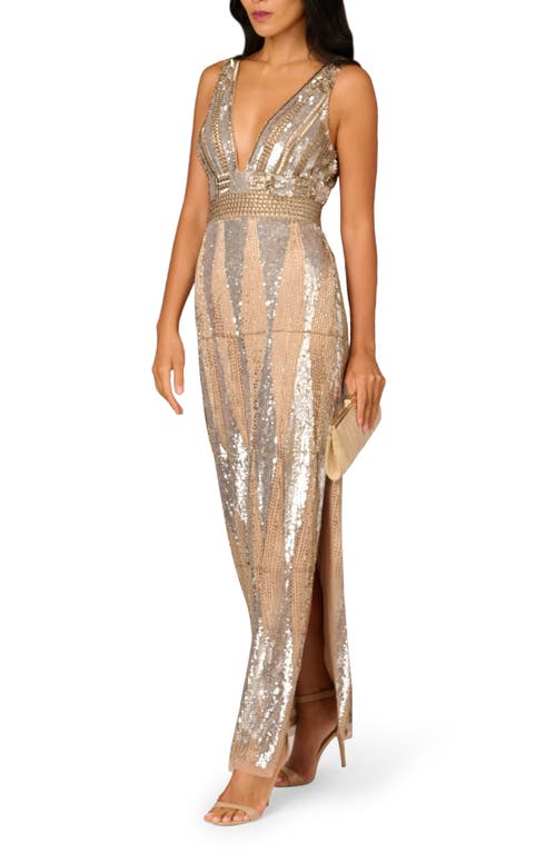 Aidan Mattox Beaded Deep V-neck Column Gown In Brown