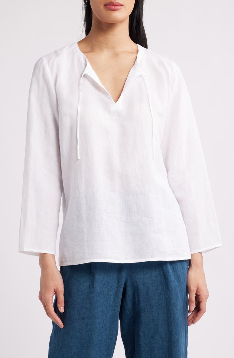 Eileen Fisher Split Neck Organic Linen Top, Main, color, White