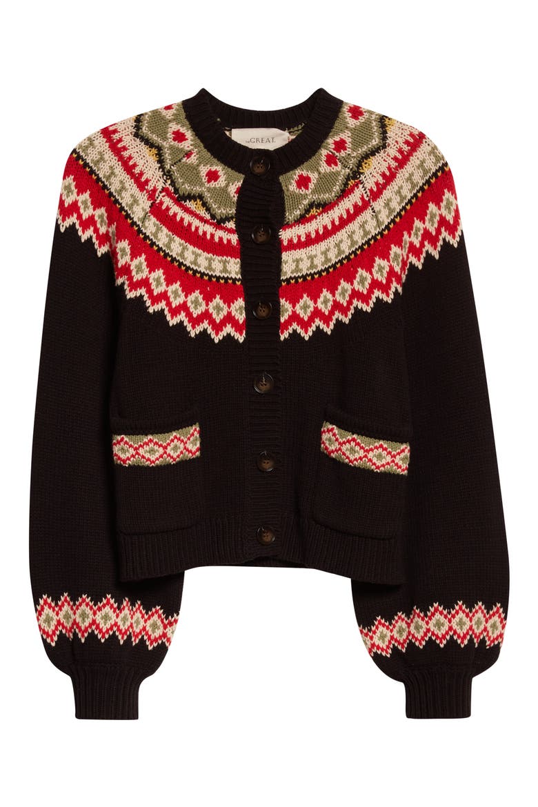 The Great The Holiday Fair Isle Sophomore Cotton Blend Cardigan, Alternate, color, BLACK W/ HOLIDAY FAIR ISLE