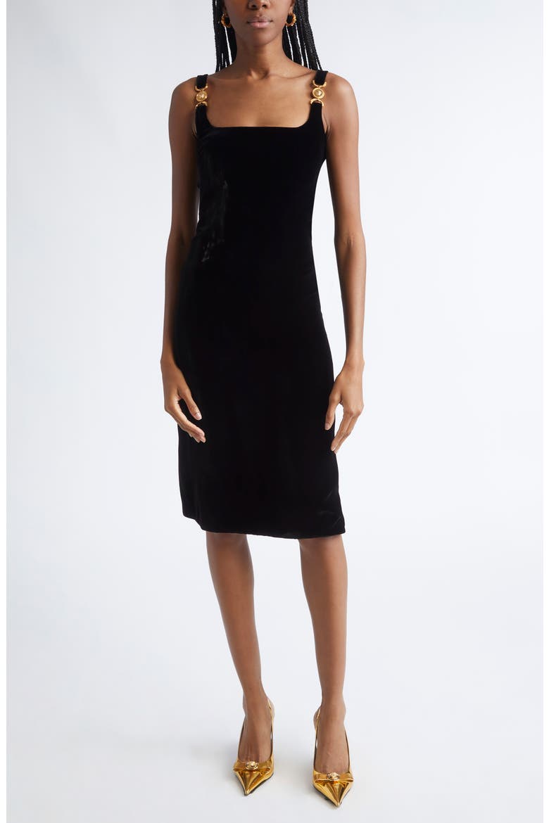 Medusa Strap Liquid Velvet Body-Con Dress, Main, color, BLACK