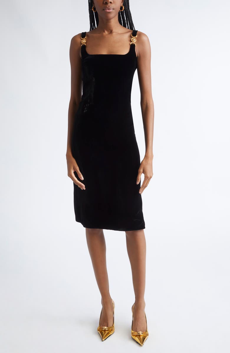 Versace Medusa Strap Liquid Velvet Body-Con Dress, Main, color, Black