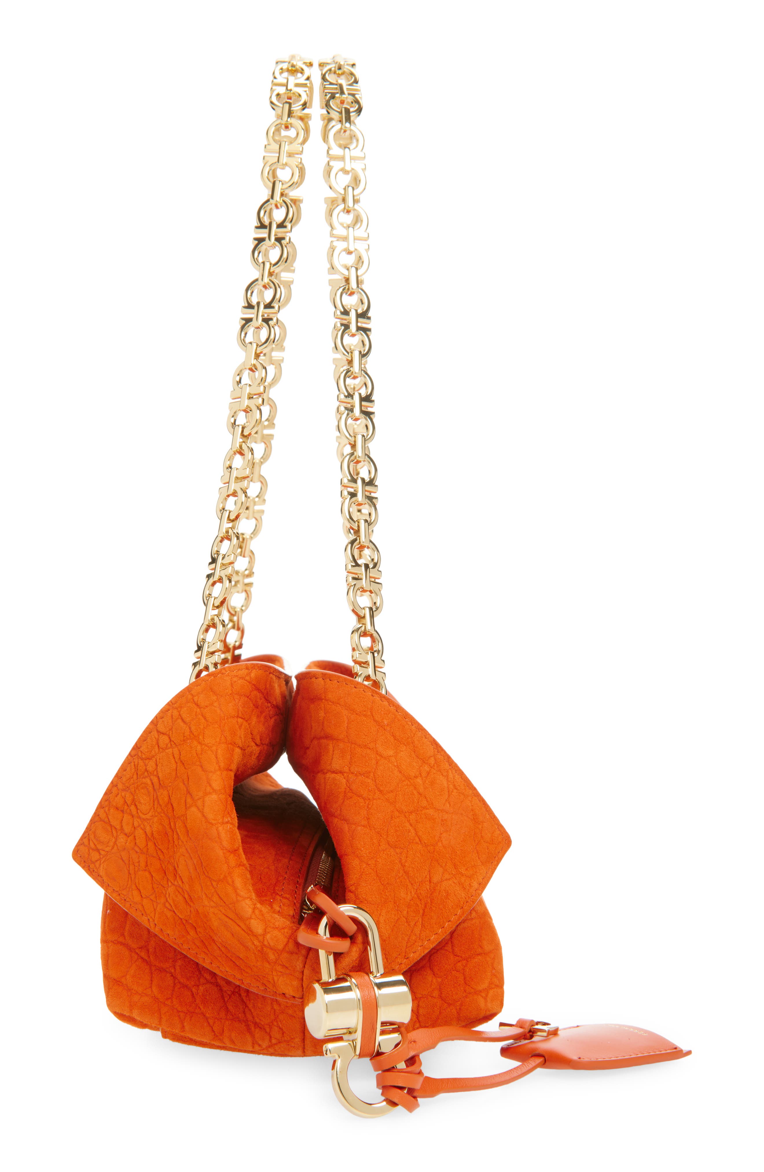 FERRAGAMO Gancini Chain Folded Croc Embossed Suede Shoulder Bag, Alternate, color, Light Siena