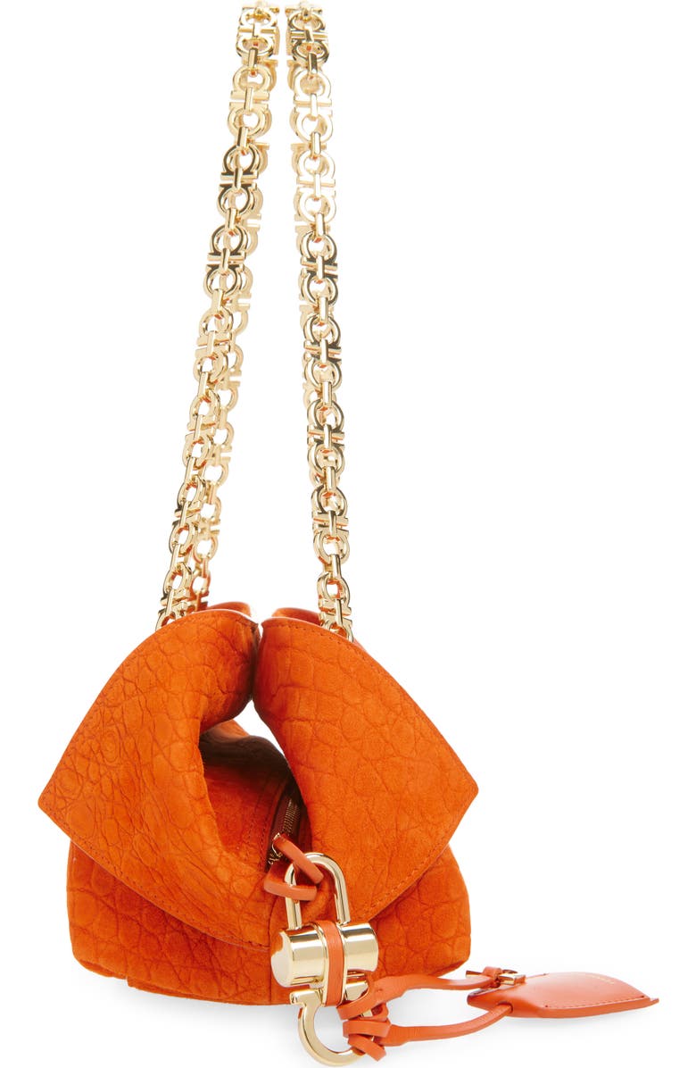 FERRAGAMO Gancini Chain Folded Croc Embossed Suede Shoulder Bag, Alternate, color, Light Siena