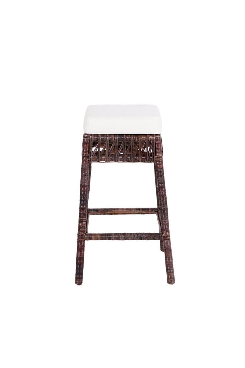 Bali Bohemian Woven Rattan Backless Counter Stool with Square Foam Cushion and Footrest for Kitchen Island or Home Bar, Main, color, Dark Brown (29.5" Bar Stool)