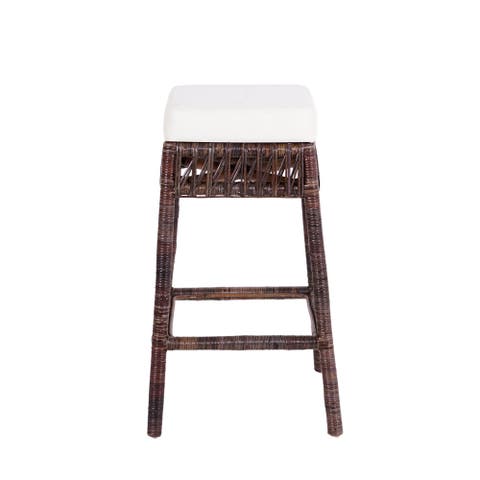 Bali Rattan Backless Counter Stool, White Cushion with Woven Frame