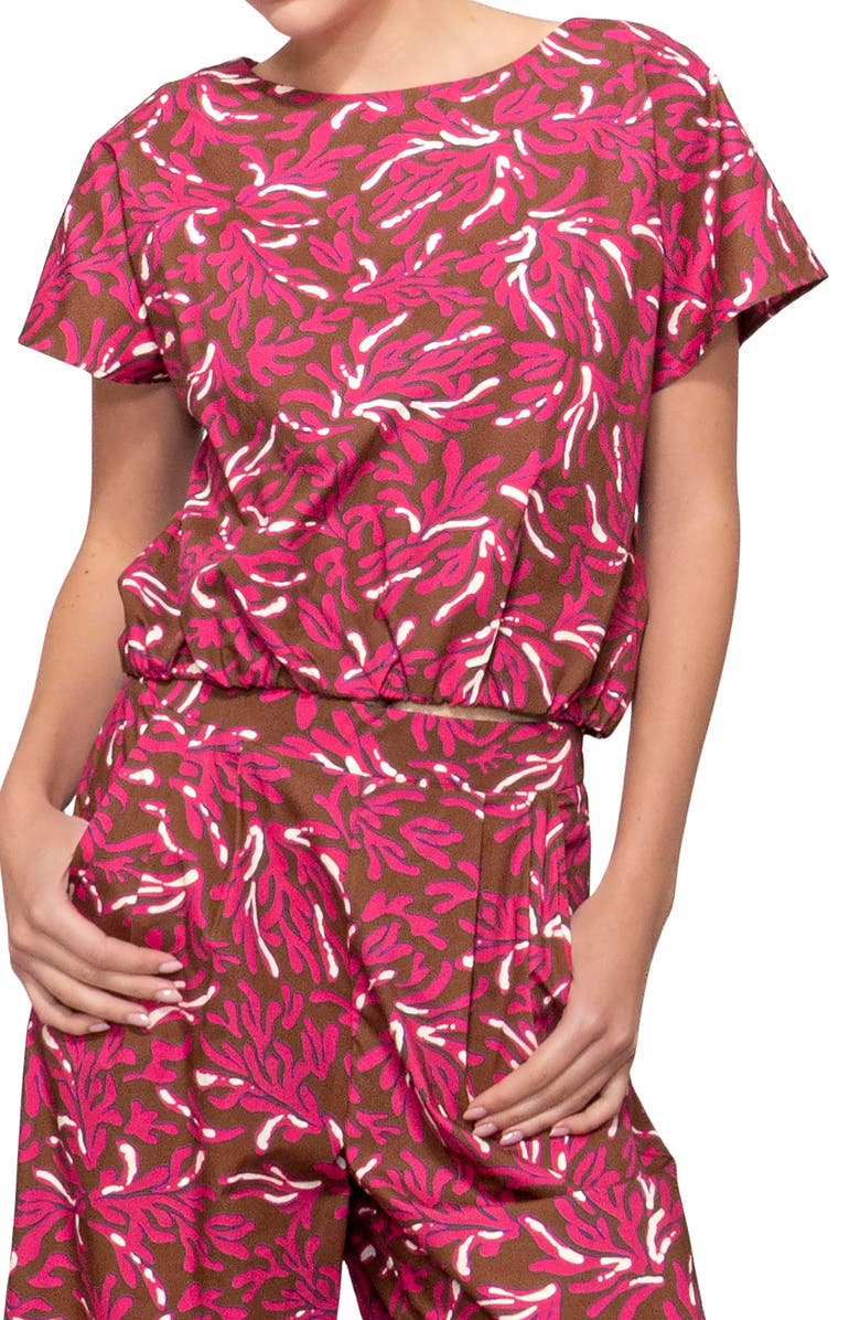 MELLODAY Poplin Banded Hem Top, Alternate, color, Brown Magenta Reef