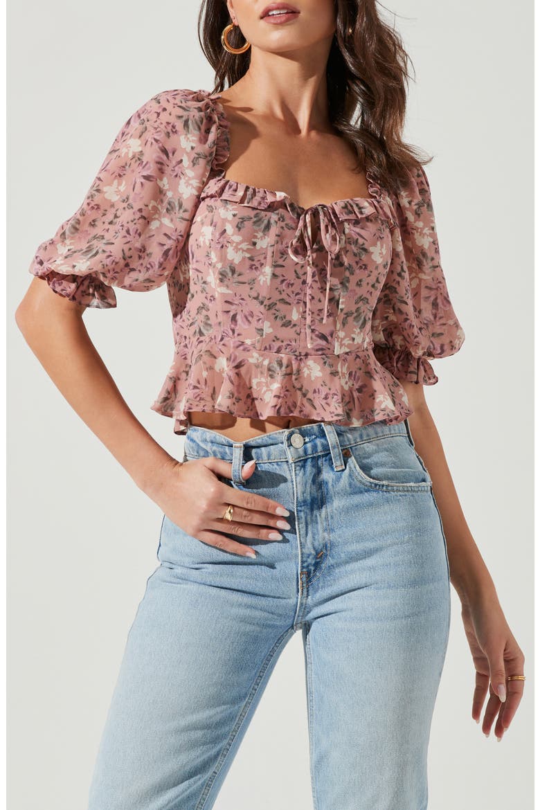 Ruffle Floral Keyhole Crop Top, Alternate, color, BLUSH MAUVE FLORAL