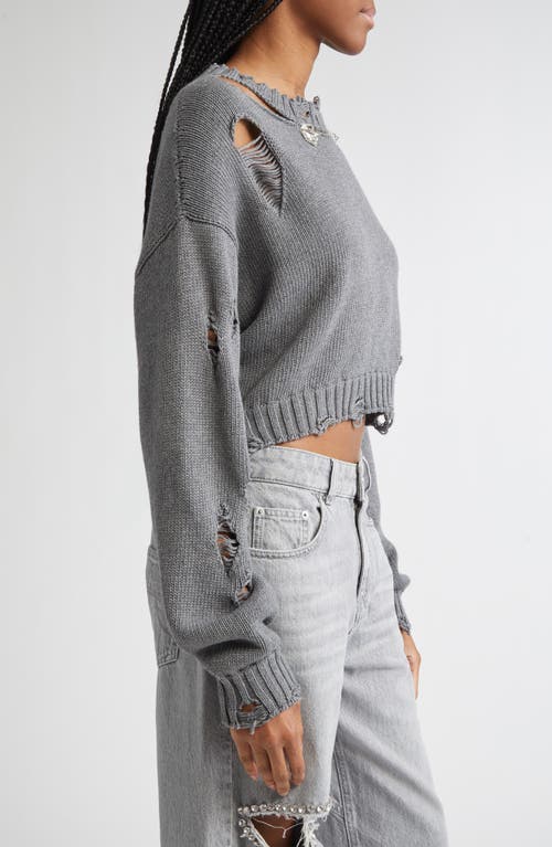 Area Distressed Crystal Organic Cotton & Cashmere Crewneck Sweater In Gray