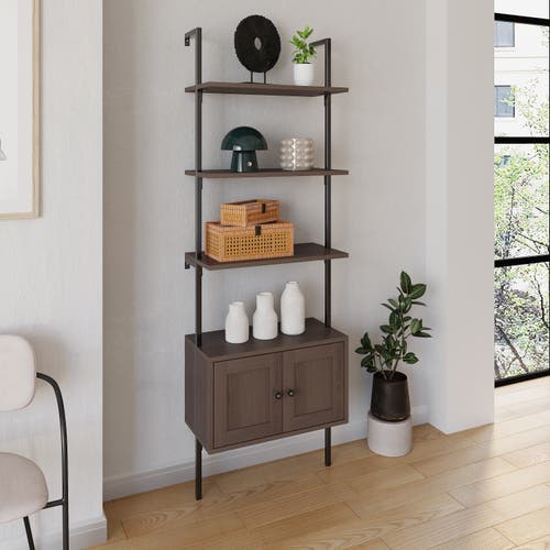 Happimess Tulare 72.05" Midcentury Industrial 4-shelf Wood Wall-mounted Open Ladder Bookcase With Ca In Brown/black