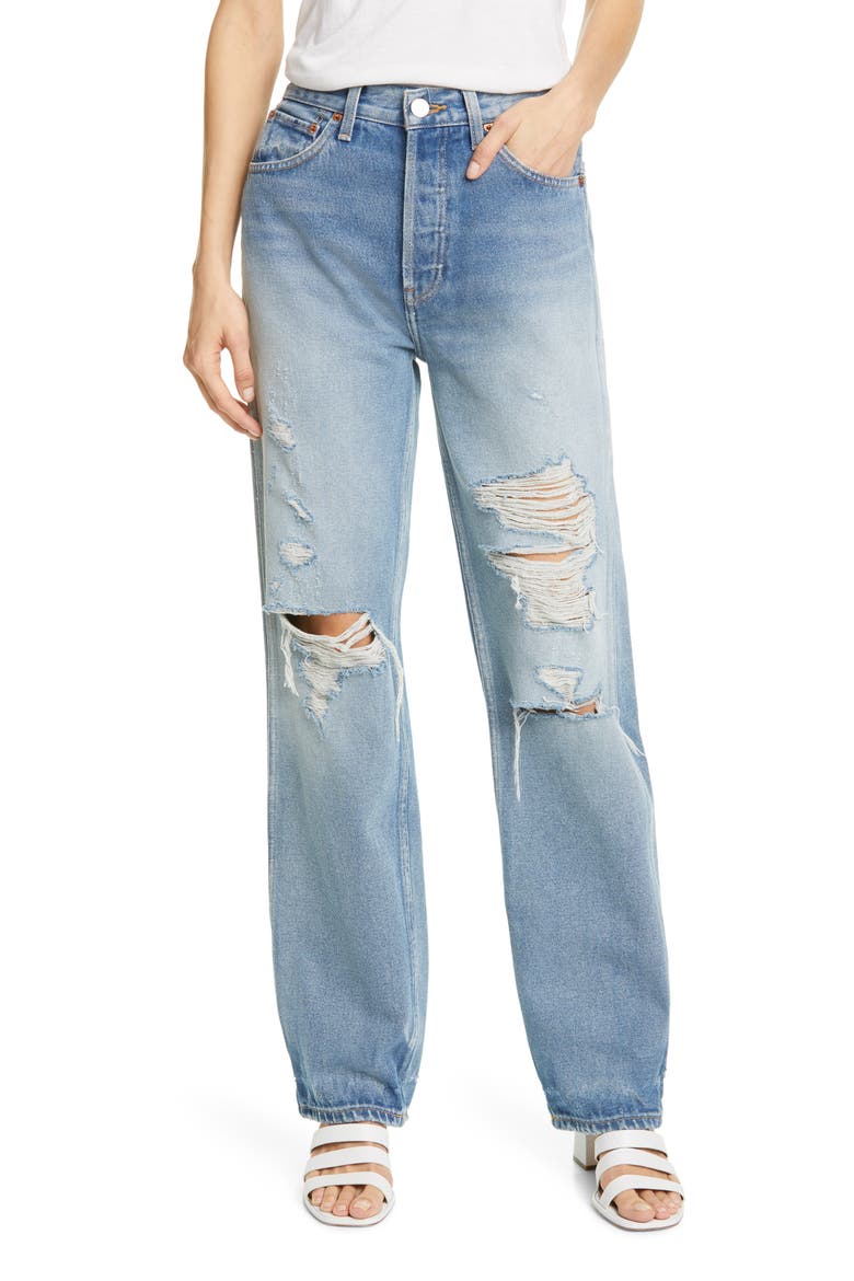 '90s Ripped High Waist Loose Straight Leg Jeans, Main, color, MEDIUM DESTROYED 12