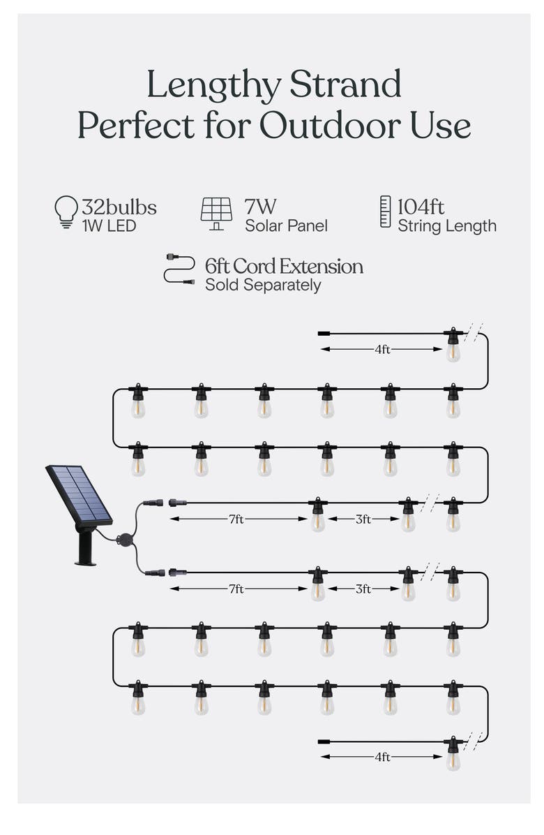 Brightech 104 ft, 32-light Solar-Powered and Heavy Duty LED Outdoor String Lights, Weatherproof and Shatterproof Bulbs, Alternate, color, 