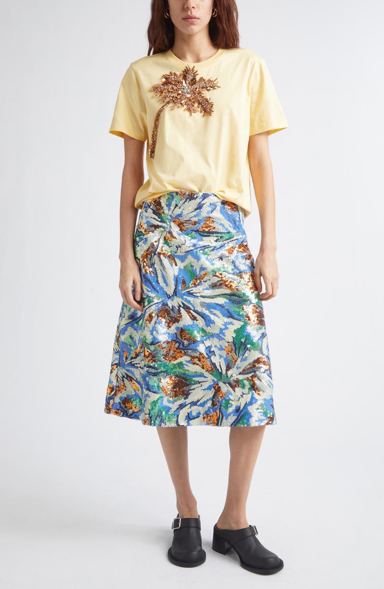 Rabanne Sequin Embroidered Floral Skirt, Alternate, color, Abstract Flowers Blue/ Or