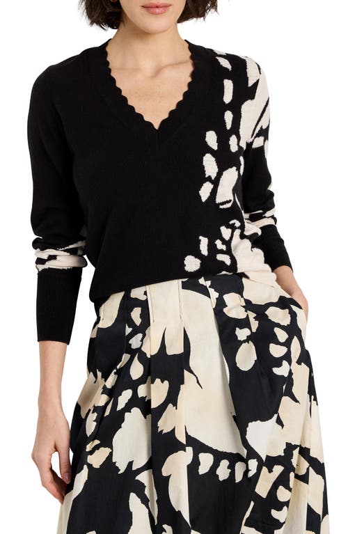 Nic + Zoe Nic+zoe Evening Petal Scallop V-neck Sweater In Black Multi