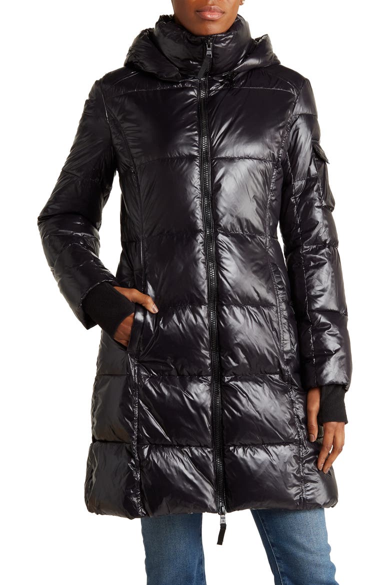 Gloss Longline Water-Resistant Puffer Jacket, Main, color, JET