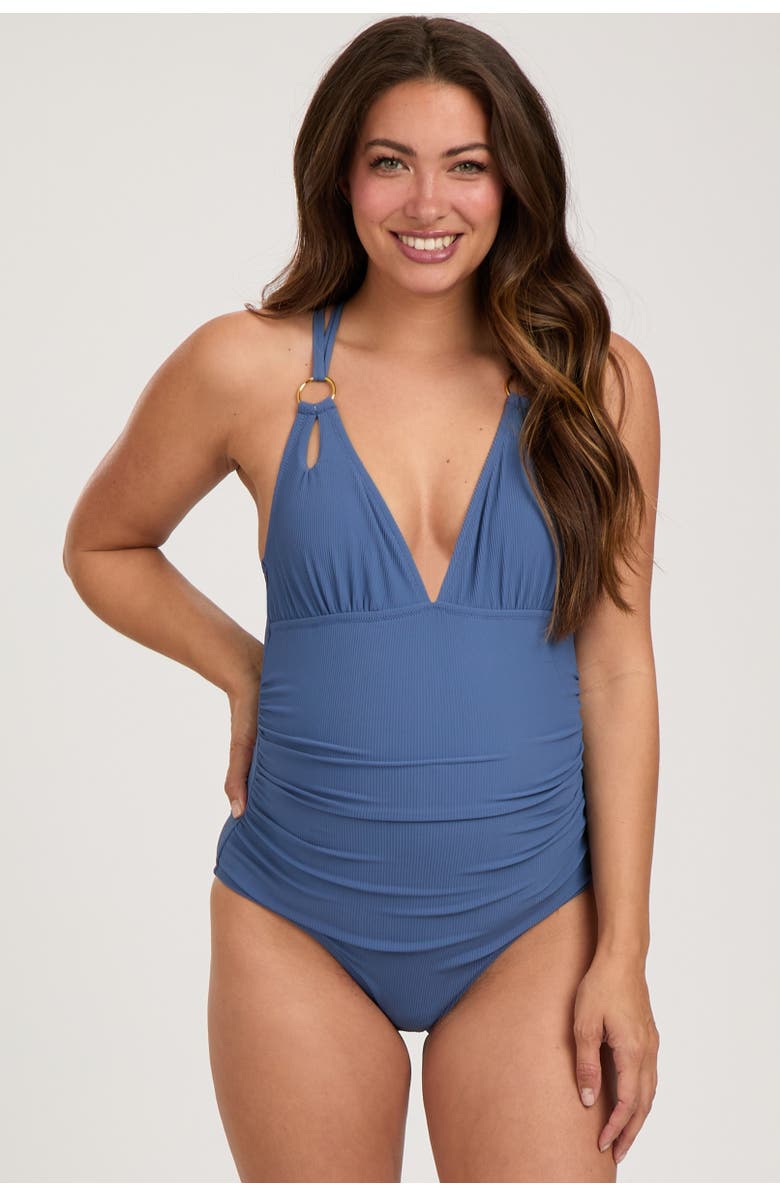 PinkBlush Ribbed V-Neck Ruched Criss Cross Low Back One Piece Swimsuit, Main, color, Blue