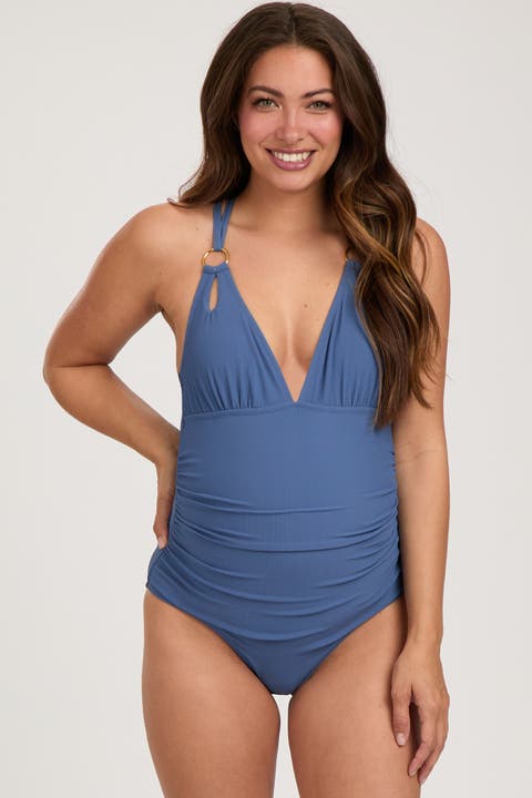 Ribbed V-Neck Ruched Criss Cross Low Back One Piece Swimsuit