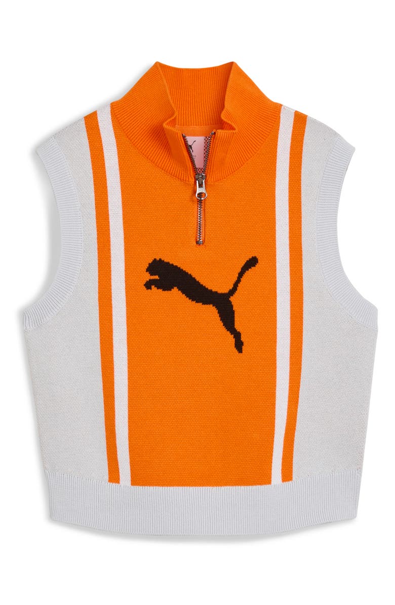 PUMA Future Archive Jacquard Sleeveless Half Zip Knit Crop Top, Alternate, color, Silver Mist/ Orange Glow