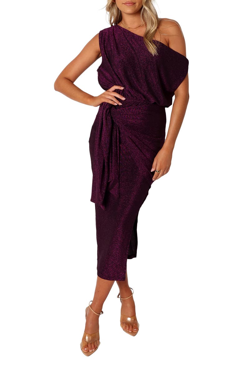 Santiago Metallic Side Tie One-Shoulder Midi Dress, Main, color, PURPLE