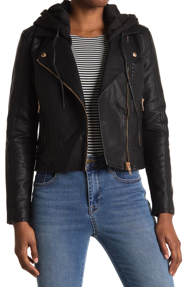 BLANKNYC Faux Leather Hooded Crop Moto Jacket, Main, color, 